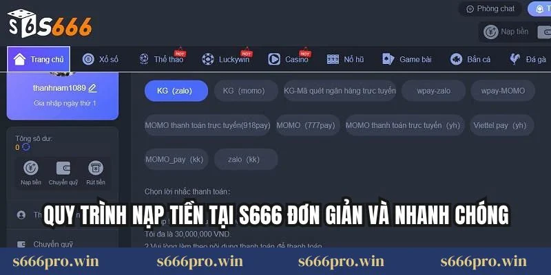 Quy trình nạp tiền tại S666 đơn giản và nhanh chóng